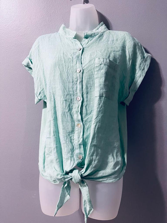 Aqua Linen Button Blouse